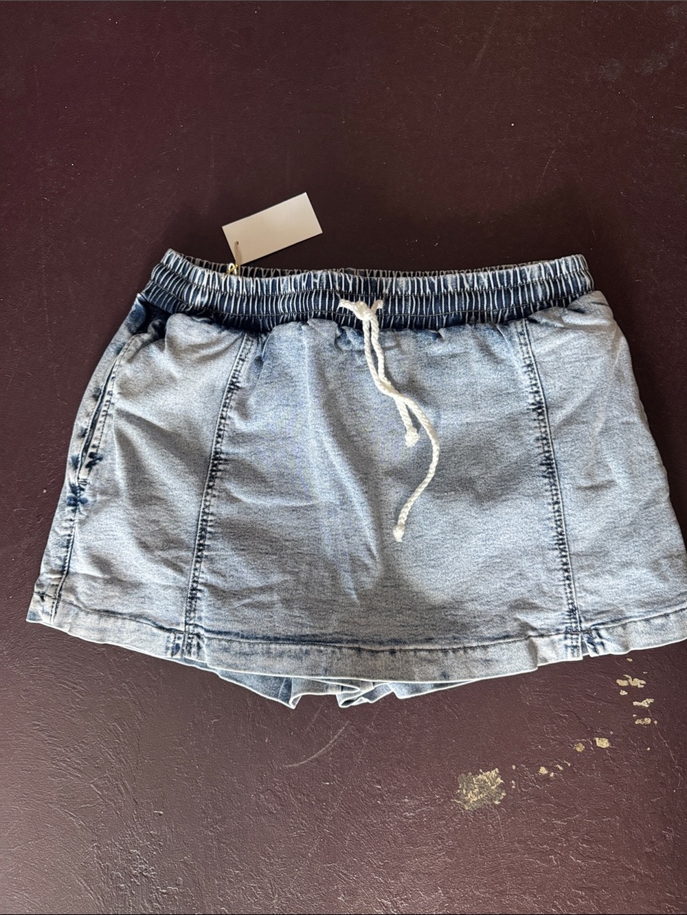 Casual Light Blue Denim-Effect Drawstring Mini Skirt